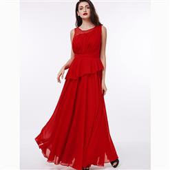 Women's Red Sleeveless Round Neck Pleated Asymmetric Prom Evening Gowns N15865