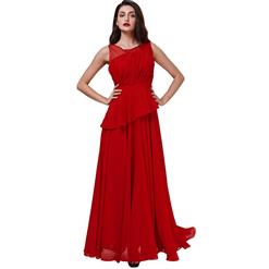 Sleeveless Round Neck Dress, Red Pleated Long Dress, Women's Red Asymmetric Evening Gowns, Red Bridesmaid Dress, Elegant Chiffon Prom Gowns for Women, #N15865