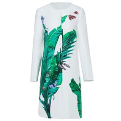 Women's White Round Neck Hidden Button 3D Greenery Pattern Coat Dress N15443