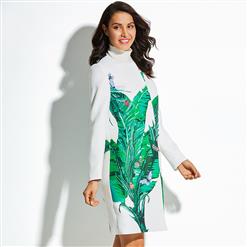 Women's White Round Neck Hidden Button 3D Greenery Pattern Coat Dress N15443
