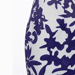 Women's Mid Waist Blue Floral Print Bodycon Skirt N15567