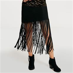 Women's Fashion Black High Waist Tassel Asymmetric Bodycon Skirt N15702