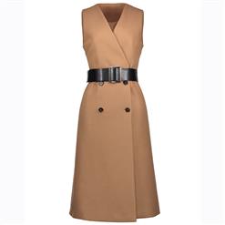 Women's Fashion Sleeveless V Neck Double-Breasted Overcoat with Belt N15662