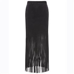 Women's Fashion Black High Waist Tassel Asymmetric Bodycon Skirt N15702