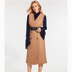 Women's Fashion Sleeveless V Neck Double-Breasted Overcoat with Belt N15662