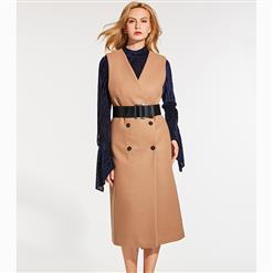 Sleeveless Overcoat, V Neck Overcoat, Double-Breasted Overcoat, Camel Overcoat for Women, Solid Color Overcoat, Fashion Overcoat for Women, Mid-Length Overcoat, #N15662