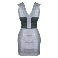 Women's Sexy Silver Sleeveless Deep V Neck Bodycon Bandage Dress N15646