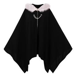 Black Hooded Cape, Faux Fur Zipper Cape, Women's Black Fashion Cape, Black Zipper Hooded Cape, Casual Hooded Cape for Women, #N15798