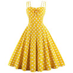 Vintage Dresses for Women, Sexy Dresses for Women Cocktail Party, Casual Vintage Polka Dot Printed Dress, Strappy Swing Daily Dress, Women's Summer Swing Dress Yellow, #N17097