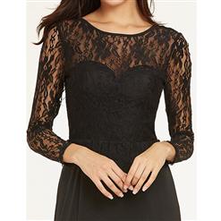 Women's Sexy Long Sleeve Round Collar Backless Lace Split Evening Dress N15397