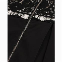 Women's Black Long Sleeve Stand Collar Lace Patchwork Zipper Dress N15793