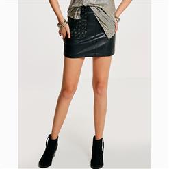 Women's Sexy Black PU Metal Ring Mini Bodycon Skirt N15703