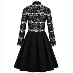Women's Black Long Sleeve Stand Collar Lace Patchwork Zipper Dress N15793