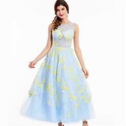 Women's Blue Sleeveless Round Neck Appliques A-Line Prom Dress N15830
