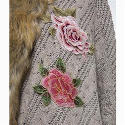 Women's Long Sleeve Flower Embroidery Faux Fur Lace-up Cardigan N15564