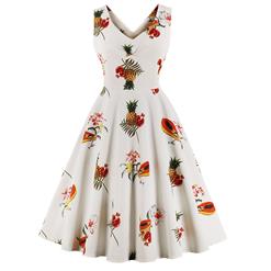 Women's Vintage V Neck Sleeveless Fruit Printed Swing Summer Day Dress N17098