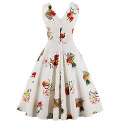 Women's Vintage V Neck Sleeveless Fruit Printed Swing Summer Day Dress N17098