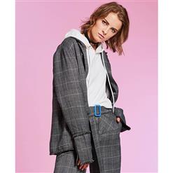 Women's Gray Notched Lapel Long Sleeve Button Down Plaid Jacket N15439