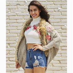 Women's Long Sleeve Flower Embroidery Faux Fur Lace-up Cardigan N15564