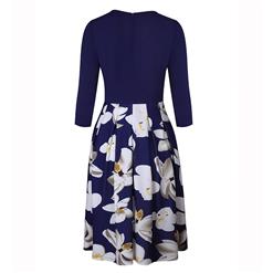 Women's Vintage V Neck 3/4 Length Sleeve Floral Print High Waist A-line Dresses N14558