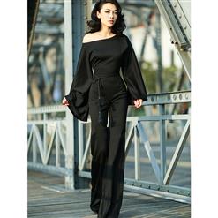 Women's Black Oblique Neck Bell Sleeve Full Length Jumpsuit N15053
