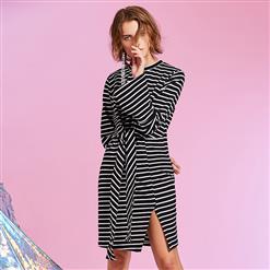 Women's Round Neck Flare Sleeve Slit Stripe Day Dress N15438