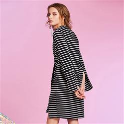 Women's Round Neck Flare Sleeve Slit Stripe Day Dress N15438
