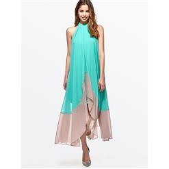 Women's Fashion High Neck Sleeveless Patchwork Irregular Chiffion Maxi Dress N15052