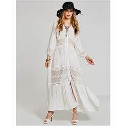 Long Sleeve Dress, V Neck Dress, Single-Breasted Dress, Lace Patchwork Dress, White Maxi Dress, Casual Dresses for Women, Loose Dress for Women, #N15414