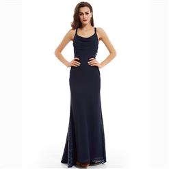 Blue Spaghetti Straps Dress, Sleeveless Low Cut Dress, Blue Sequins Dress, Pleated Sequins Dress, Women's Dark Blue Maxi Evening Dress, A-Line Maxi Dress, #N15766