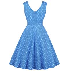 Vintage V Neck Sleeveless Pleated Polka Dot Printed Swing Summer Daily Dress N17420