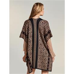 Womens Brown Stylish Short Sleeve Geometric Print Lace-up Cardigan Poncho Cape N15969