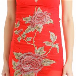 Sexy Red Halter Backless Embroidery High Slit Nightgown Maxi Cheongsam N17539