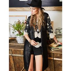 Womens Black Stylish Casual Sleeveless Faux Pocket Long Waistcoat Cardigan N15967