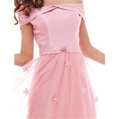 Women's Pink Off Shoulder Appliques Lace-up A-Line Long Prom Evening Gowns N15904