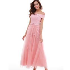 Pink Off Shoulder A-Line Dress, Lace-up A-Line Maxi Satin Dress, Women's Lovely Pink Evening Gowns, Pink Bridesmaid Dress, Pink Appliques A-Line Long Prom Dress, #N15904