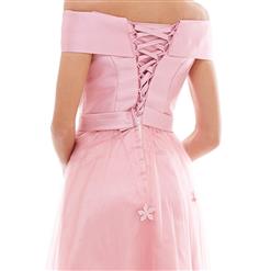 Women's Pink Off Shoulder Appliques Lace-up A-Line Long Prom Evening Gowns N15904