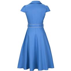 Women's Vintage V Neck Cap Sleeves Turndown Collar Blue Shirt Dress N14054