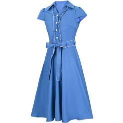 Women's Vintage V Neck Cap Sleeves Turndown Collar Blue Shirt Dress N14054