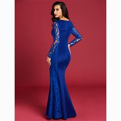 Women's Elegant Long Sleeve V Neck Lace Patchwork Maxi Dress N15602