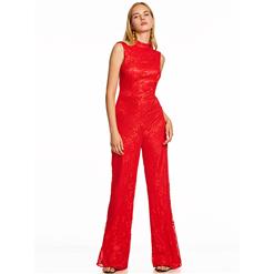Women's Sexy Red Floral Lace High Neck Sleeveless Backless Jumpsuit N15612