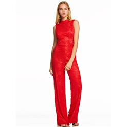 Women's Sexy Red Floral Lace High Neck Sleeveless Backless Jumpsuit N15612