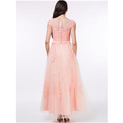 Women's Cap Sleeve Round Collar Appliques Sashes Tulle Evening Dress N15394