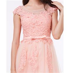 Women's Cap Sleeve Round Collar Appliques Sashes Tulle Evening Dress N15394