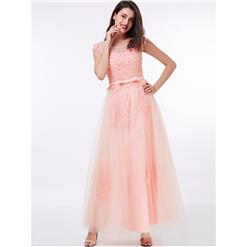 Cap Sleeve Round Collar Dress, Pink Appliques Tulle Dress for Women, Evening Dresses for Women, Zipper Long Dress, Pink Maxi A-Line Dress, #N15394