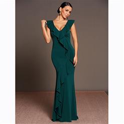 Women's Sleeveless Deep V Neck Backless Falbala Maxi Dress N15591