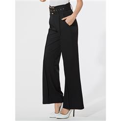 Women's Fashion Black Slim Full Length Wide Leg Waist Belt Suit Pant N15611