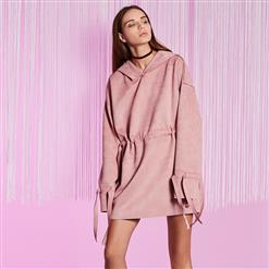 Women's Pink Long Sleeve Hooded Mini Pullover Dress N15717