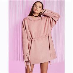 Pink Long Sleeve Dress, Fashion Loose Dress, Pink Hooded Dress, Mini Pullover Tops, Casual Pink Mini Dress, Pink Pullover Dress, Adjustable Dress, #N15717