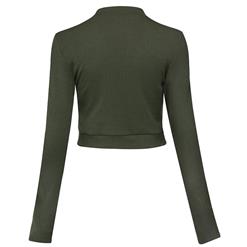 Women's Army-Green Round Neck Front Lace-up Long Sleeve Crop Top N15713